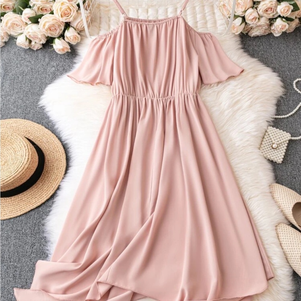 Cold Shoulder Asymmetrical Hem Dress - Dusty Pink
